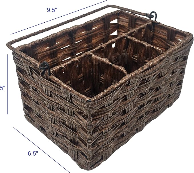 Kovot Poly-Wicker Woven Cutlery Storage Organizer Caddy Tote Bin Basket for Kitchen Table, Cabinet, Pantry, Indoor & Outdoor - Woven Polypropylene | Measures 9.5" x 6.5" x 5" (Dark Brown)
