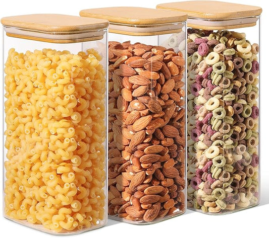 ComSaf 54oz Rectangle Glass Containers with Lids, Glass Jars with Bamboo Lids, Clear Food Storage Jar, Sugar Coffee Containers, Pantry Storage for Pasta Rice Flour Oats Nuts Tea