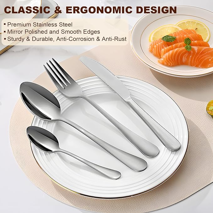 Silverware Flatware Organizers, 24 Piece Silverware Set with Organizer Box, Stainless Steel Silverware Set for 6, Kitchen Flatware Set, Cutlery Set of Steak Knives, Forks, Spoons & Dessert Spoons