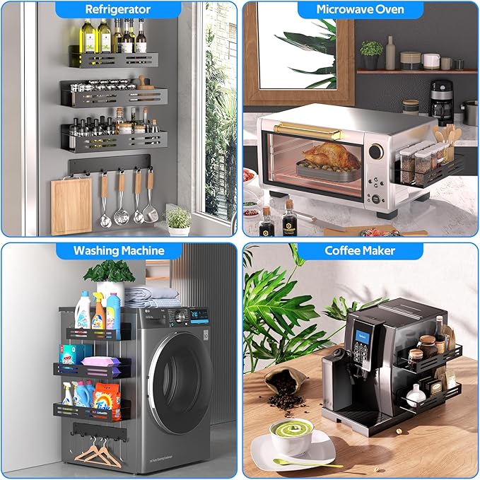 Fridge Side Organizers Magnetic Spice Racks for Refrigerator with 6-Hooks Spice shelves with Magnets for Refrigerator Side Fridge Side shelf Metal