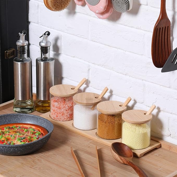 Zubebe 8 Pcs 10 oz Clear Glass Seasoning Jar with Wooden Lid and Spoon Adorable Sugar Condiment Jar Canisters Pot Set Bath Salt Sugar Storage Container Box for Home Cafe Kitchen