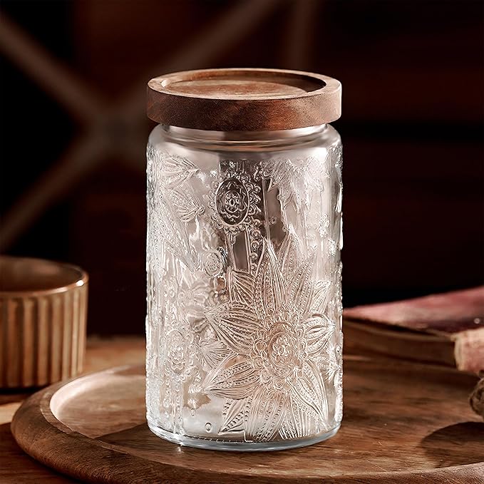 Glass Storage Jars With Airtight Lid, 35oz Container For Kitchen Counter with Wooden Lid, brown sugar, candy, coffee, cookie, salt, tea, cute Jar (35oz Large Sunflower)