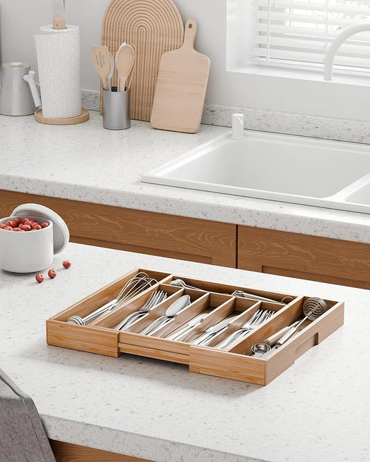 Kitsure Large Thickened Silverware Organizer - Expandable Bamboo Kitchen Drawer Organizer for Cooking Utensils and Cutlery, Sturdy Kitchen Organizers and Storage Solution, 18.5"×13.3"×1.8"