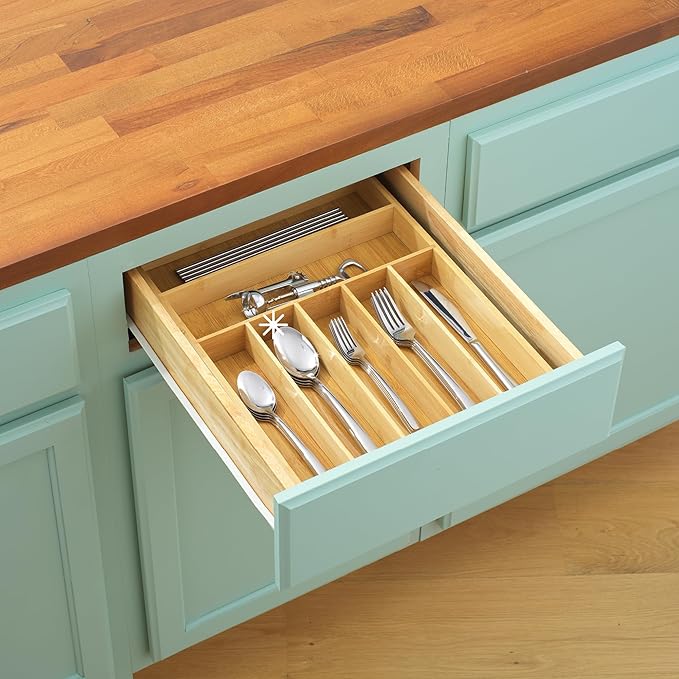JoyJolt Bamboo Drawer Organizer, 7-Compartment Silverware Organizer, Cutlery and Utensil Organizer, Drawer Organizers for Garage, Kitchen, and Bathroom, Organizer Drawers for Kitchen Utensils
