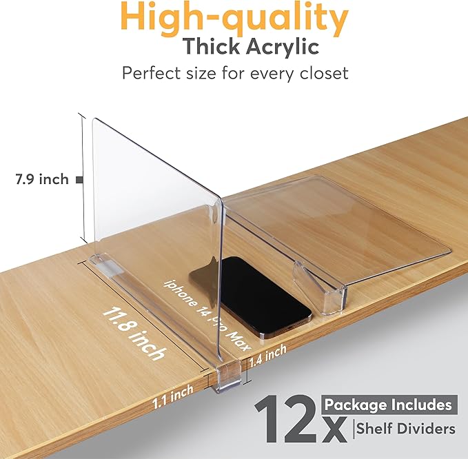 12 Pack Acrylic Shelf Dividers for Closet Organization 11x7.9 Inch – Clear Closet Shelf Separators for Purses, Clothes & Sweater Storage – Vertical Bookshelf Dividers for Bedroom, Office & Kitchen