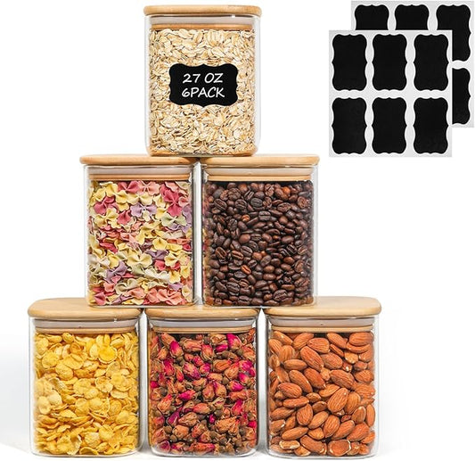 ComSaf 27 oz Glass Food Storage Jars Set of 6, Clear Storage Containers with Airtight Lids, Pantry Organization Jar, Spice Jar, Blooming Tea, Oat, Coffee and Sugar Container, Canister Set for Kitchen