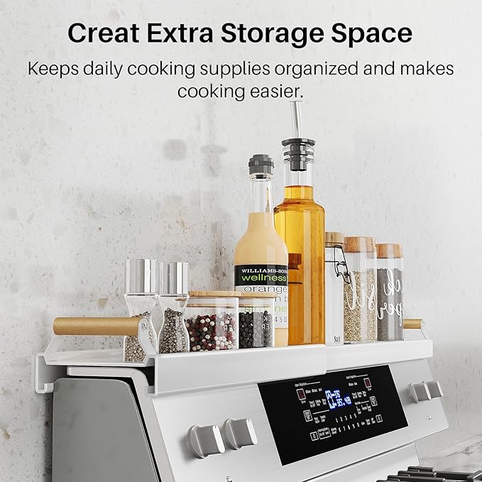 Magnetic Stove Top Shelf Spice Rack Organizer - Adjustable (16.9" to 30") Over the Kitchen Oven Shelf for Back of Stove, White