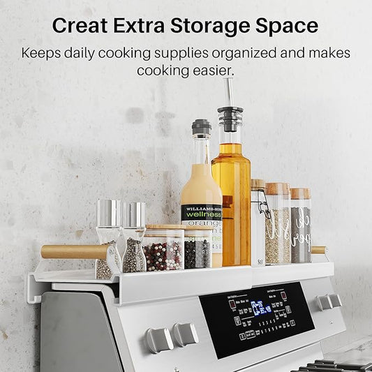 Magnetic Stove Top Shelf Spice Rack Organizer - Adjustable (16.9" to 30") Over the Kitchen Oven Shelf for Back of Stove, White
