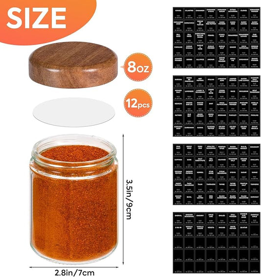 Yangbaga Glass Spice Jars with Labels: 12p 8oz Wide Mouth Square Bottle w/Pepper Grinder&Funnel - Airtight Wood Lid & Dishwasher Safe - Home Kitchen Pantry Daily Use - Gift for Newlyweds/Households