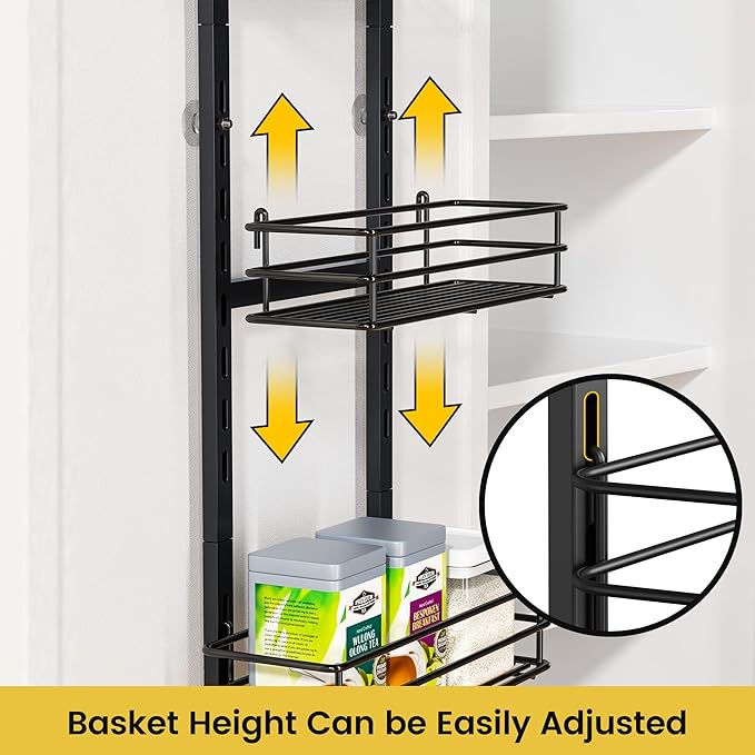 Pantry Door Organizer 12 Inch Wide, 9 Tier Hanging Adjustable Over the Door Spice Rack For Narrow Space,Matt Black