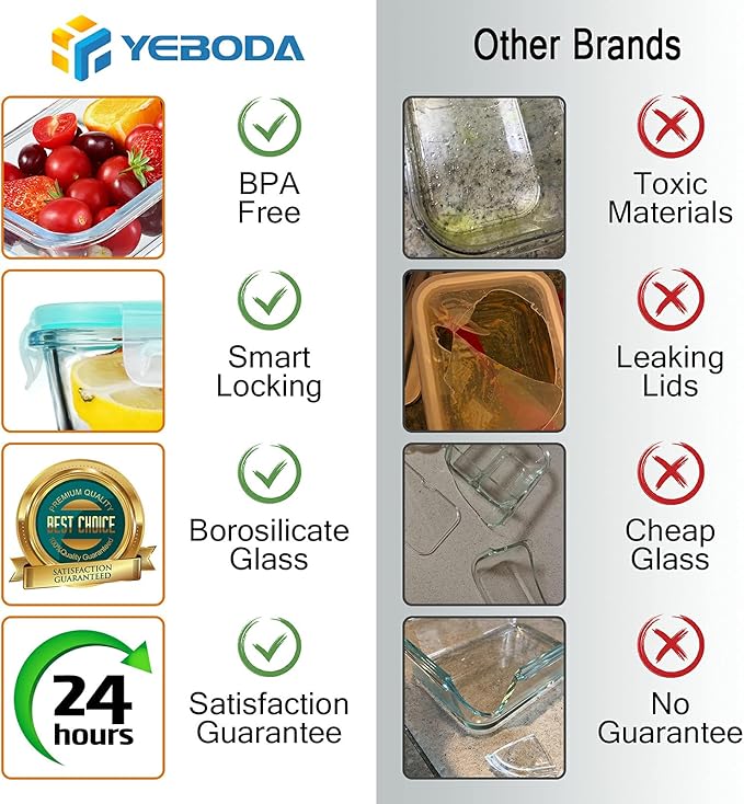 YEBODA Glass Food Storage Containers with Airtight Snap Locking Lids BPA Free Meal Prep Container Set For Home Kitchen Restaurant - Freezer, Microwave, Oven, Dishwasher Safe [28oz, 4 Pack]