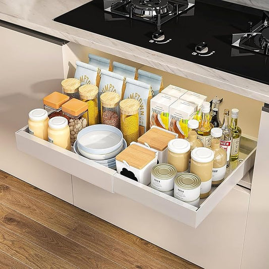 Pull Out Cabinet Organizer – Smooth Sliding Expandable Pull Out Drawers for Cabinets, Slide Out Drawers for Kitchen Cabinets, Bathroom Storage, Pantry Organization & Under Sink Organizer (White, 1Pc).