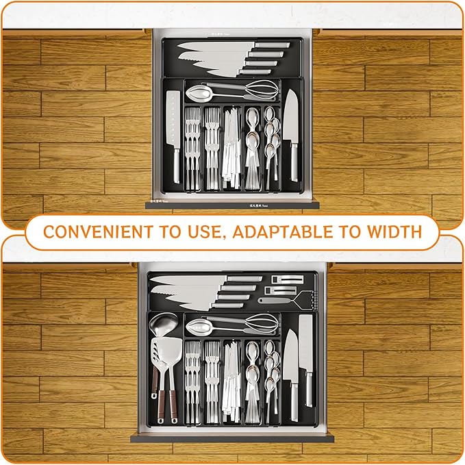 Yieach Black Expandable Silverware Organizers for Kitchen Drawers,Large 8 Grid Silverware Tray and Cutlery Drawer Organizer,BPA Free Kitchen Utensil Organizer for Knife,Spoons Forks Set Flatware Tray