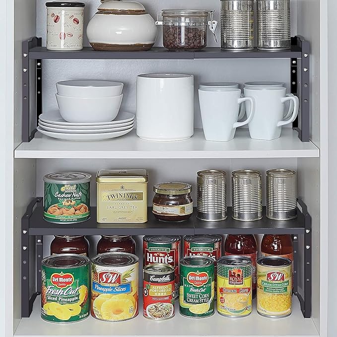 Expandable Shelf for Cabinet Organizer Adjustable Stackable Spice Rack at Kitchen and Bathroom more, Counter Countertop Cupboard Organization Pantry Storage(LARGE/1PACK/BLACK)