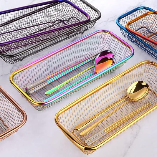 Kitchen Drawer Organizer, BuyGo Stainless Steel Storage Container Metal Cabinet Storage Basket for Holding Silverware Kitchen Utensil, Pack of 2, Rainbow