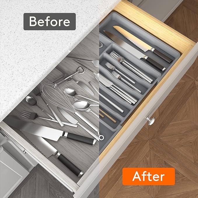 Lifewit Silverware Drawer Organizer, Expandable Utensil Tray for Kitchen, BPA Free Flatware and Cutlery Holder, Adjustable Plastic Storage for Spoons Forks Knives, 2 Pack, Grey