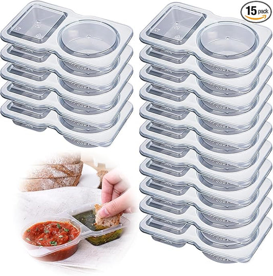 15-Pack Reusable Double Compartment Condiment Containers with Lids - Leak-Proof 2-Section Disposable Snack Cups for Sauce, Dips, Sampling & Travel Portions