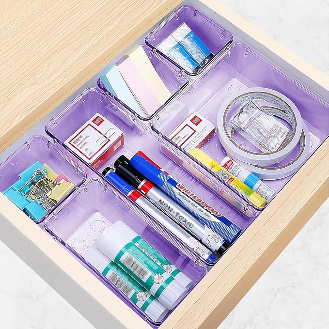 13 PCS Drawer Organizer Set, 5 Varied Size Bathroom and kitchen Drawer cabinet organizer Trays, Clear Storage Bins for Makeup, Jewelry, Utensils and Gadgets, Purple