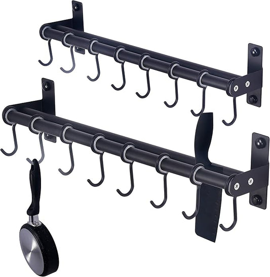 Dseap Pot Rack - Pots and Pans Hanging Rack Rail with 8 Hooks, Double Bars, Pot Hangers for Kitchen, Wall Mounted, Black, Pack of 2