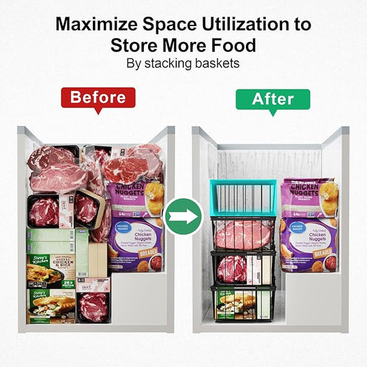 iSPECLE Chest Freezer Organizer Bins - 8 Pack Stackable Freezer Organizer for 5 to 7 Cu.Ft Freezer and Upright Freezer Over 8.5 Cu.Ft, Easy Get Food from Bottom, Add Extra Storage Space, Black