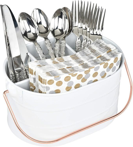 Red Co. 10" x 7" Enameled Metal Utensil Caddy & Countertop Flatware Organizer with Handle, Farmhouse White/Rose Gold