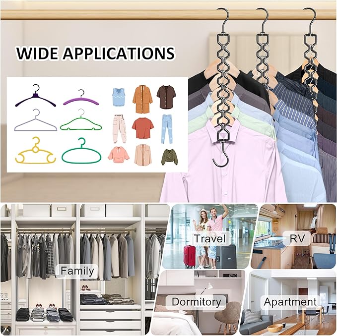12 Pack Space Saving Hangers for Clothes, Heavy Duty 30Lbs Capacity Magic Collapsible Clothes Space Saver Metal Hanger Organizer with 360° Swivel Hook, Closet Organizers Dorm Room Essentials Black