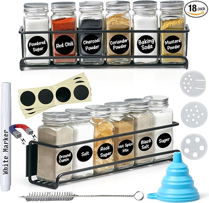 Vdomus Magnetic Spice Rack - Set of 18 - Fridge Storage Shelf for Spices - 12 Glass Spice Jars, 12 Stickers 1 Chalk Marker, 1 Funnel, 1 S/S Cleaning Brush, 2 Racks - Kitchen Organizer (Matte Black)