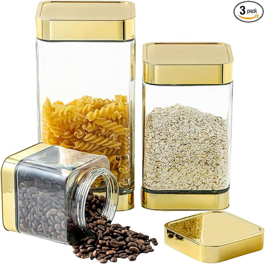 Glass Storage Jars-Large Kitchen Glass Canisters with Airtight Lids -Coffee Pasta Sugar Tea Snack Nuts Cookie Flour Food Container - Set of 3…