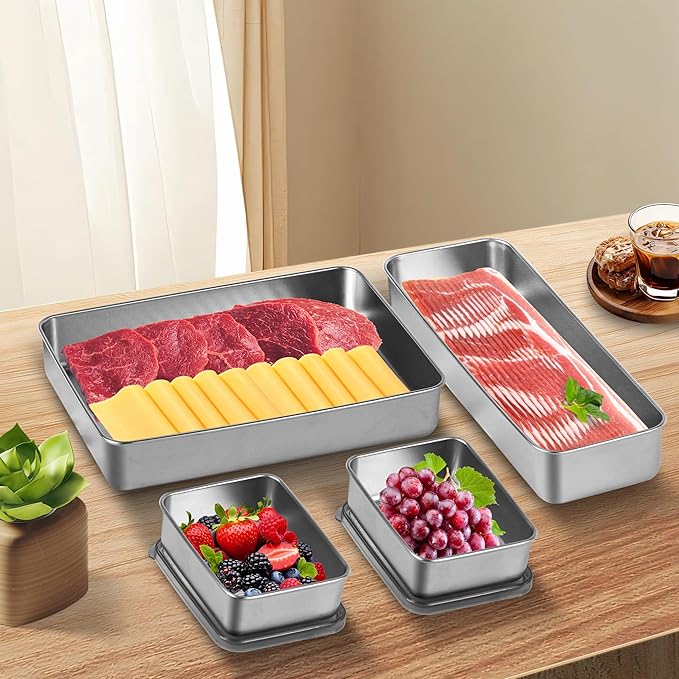 Bacon Container for Refrigerator, Bacon holder for refrigerator,Bacon Storage Container 304 Stainless Steel Sealed Food Storage Container with Clear Lid and Non-Slip Bottom,Deli Containers,4-Box Set