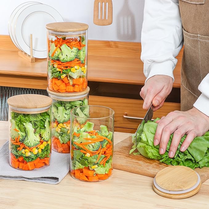 ComSaf 32oz Glass Storage Containers with Lids, Glass Jars with Lids, Clear Food Storage Jar, Round Canister Set of 6, Pantry Organizers for Cookie Pasta Flour Rice Tea Coffee Bean
