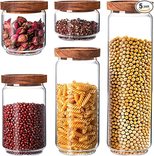 Glass Canisters with Airtight Lids - Glass Storage Jars for Kitchen and Pantry, Coffee Grounds Container for Cereal, Salt, Seed, Spice, Tea, Candle, Mixed Sizes (Set of 5)