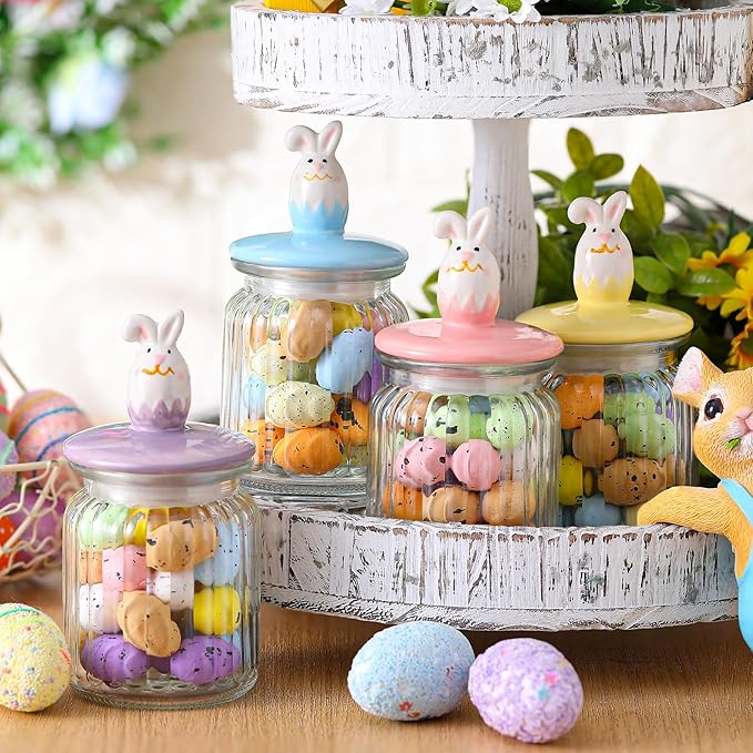 Nitial 4 Pcs Easter Glass Jar with Cap Bunny Rabbit Egg Shape Clear Candy Jar Decorative Food Storage Canister with Airtight Ceramic Lid for Eater Party Tea Cookie Table Decoration (7.8 oz,Bunny)