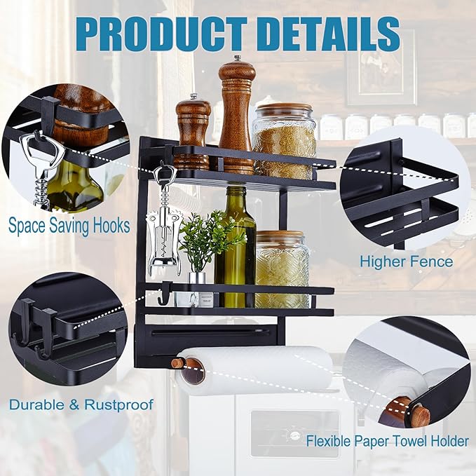 Magnetic Spice Rack for Refrigerator, Magnetic Shelf for Fridge Magnet Organizer Moveable Magnetic Paper Towel Holder with 8 Hooks for Kitchen Oven Space Saving (Black)