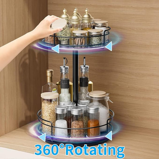 Lazy Susan Organizer, 2 Tier Lazy Susan Turntable for Cabinet, Spice Rack for Cabinet, Metal 360° Rotating Organizer for Kitchen, Cabinet, Countertop, Bathroom, Pantry, Black