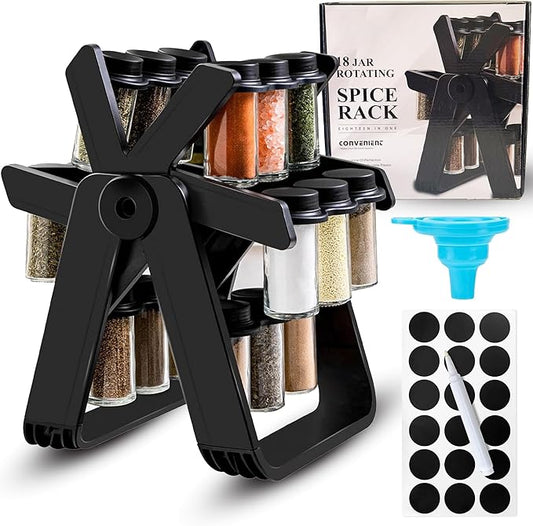 Rotating Spice Rack with 18 Glass Jars, Labels, and Funnel - 360 Degree Rotating Ferris Wheel Revolving Spice Rack Organiser for Seasoning & Herbs -Gift Set As Spice Organiser