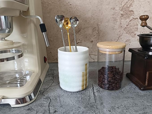 Stoneware Coffee Spoon Holder for Coffee Bar Accessories, Tea Spoon Holder Jar Teaspoon Holder Coffee Stirrers Holder Coffee Spoon Cup, Coffee Stir Stick Holder Small Utensil Holder (Spring Sprout)