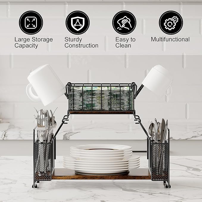 TQVAI Paper Plate Organizer, 2-Tier Countertop Silverware Utensils Napkin Holder for Party, Outdoor Buffet Picnic Caddy Camping Essentials Holder for Plates and Utensils, Black/Antique