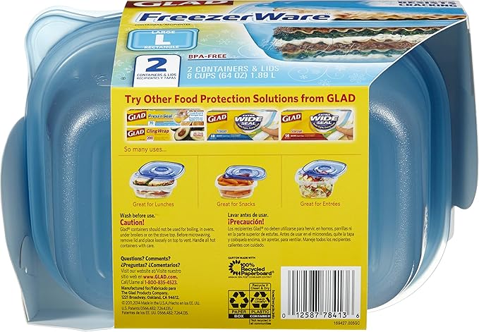 Gladware Freezerware Food Storage Containers, Large | Rectangle Food Storage Containers for Everyday Use | Food Containers Safe for Freezer, Hold up to 64 Ounces of Food, 2 Count Set,Blue