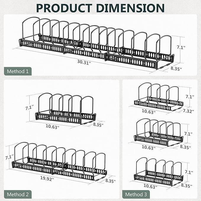 Expandable Pot and Pan Organizer, 2 Tier 3-Pack Kitchen Organizer Under Cabinet Storage Pot Lid Rack Holder with 14 Adjustable Dividers for Frying Pan,Cookware,Baking Sheet