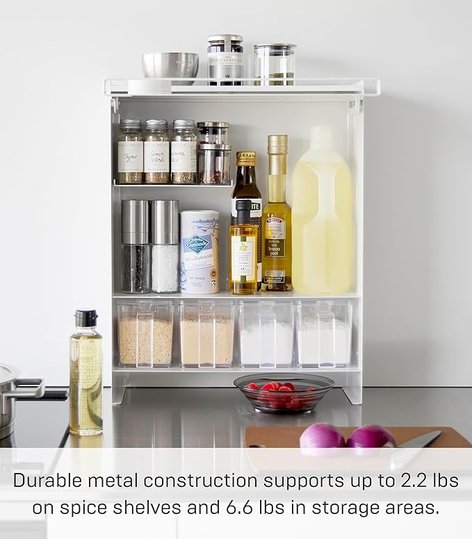 Yamazaki Home Tower Seasoning Condiments Spice Rack With Door, Large Kitchen Multi-Tier Metal Shelves - Steel