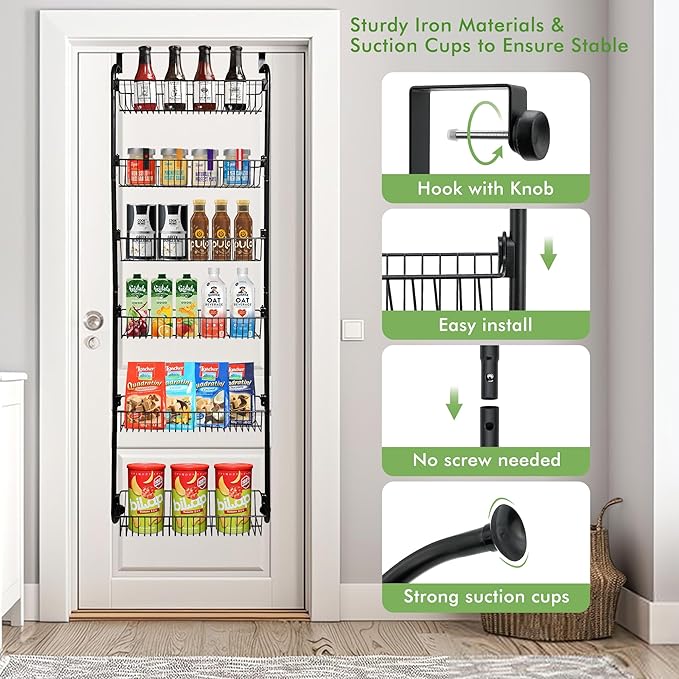 COOLFXEND Over the Door Pantry Organizer,6-Tier Pantry Door Organizers and Storage,Metal Over the Door Spice Rack for Pantry/Kitchen,Space Saving,Easy to Install,Black(6x4.72 Width Baskets)