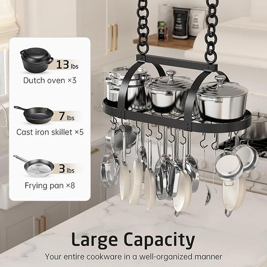 KES Ceiling Pot Rack 34-Inch Hanging Pot Rack for Kitchen Oval Pot and Pan Rack Matte Black Pot Hanger with 20 S Hooks (For 16" and 24" Stud Mount), KUR221S85-BK