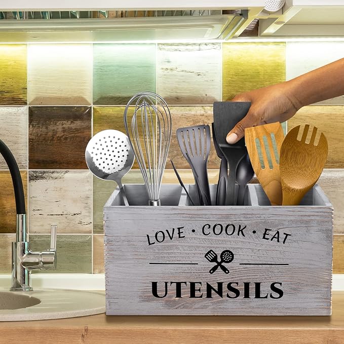 Utensil Holder with 3 Compartments, Rustic Wood Utensil Caddy Crocks for Kitchen Counter, Farmhouse Flatware Utensils Organizer Storage Box for Silverware Fork Spoon Spatula