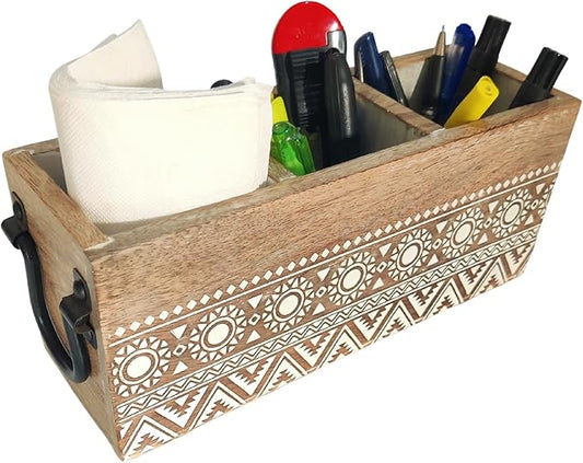 VANIYA CRAFTSR® Handmade Wooden Carved Design 3 Compartments Cutlery Utensil Holder For Napkins, Spoons, Forks, Tissues, Knife (Natural White Finish)
