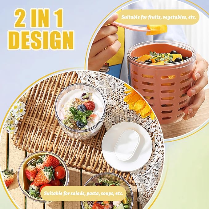 20oz Fruit Salad Storage Cup with Lids and Fork, Reusable Plastic Fruit Storage Containers for fridge with Drain Baskets, BPA-Free & Leak-Proof, Keep Fruits, Vegetables Fresh Longer (Yellow)