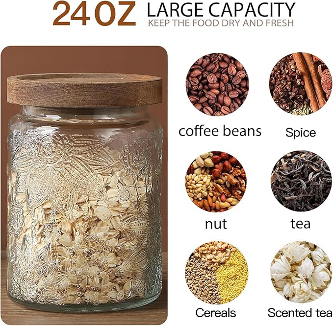 24 OZ Airtight Glass Storage Jar with Bamboo Lid - Vintage Glass Jar Vintage Food Containers Canisters Set for Kitchen Counter & Pantry - Ideal for Sugar, Flour, Coffee, Tea, Candy, Oats -2 Pack