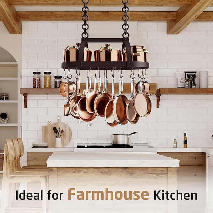 KES 34 Inch Oiled Bronze Hanging Pot Rack, Heavy Duty Oval Pot and Pan Hanging Rack Ceiling Mount, Pot Pan Hangers for Kitchen with 20 Hooks, (For 16" and 24" Stud Mount), KUR221S85-OB