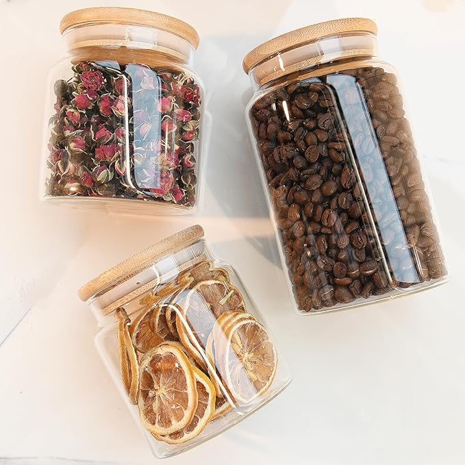 17.6 fl oz Glass Storage Containers With Lids, Candy Jar, Food Storage for Kitchen Counter, Pantry, Decorative Container for Coffee, Sugar, Tea, Cute Glass Jar (Bamboo 17.6 FL OZ)