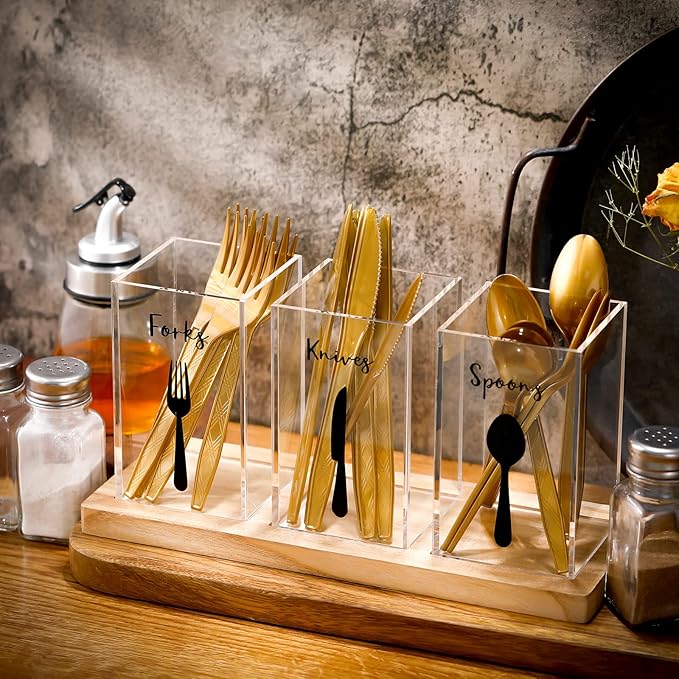 Meanplan Acrylic Utensil Organizer for Countertop Clear Silverware Caddy Countertop Spoon and Fork Holder Flatware Caddy Cutlery Holder with Wooden Tray for Kitchen Storage, Dining Room (Rectangle)