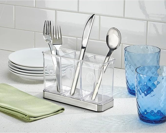 iDesign Forma Utensil, Spatula, Silverware Holder for Kitchen Countertop Storage, Organize Forks, Knives, Spoons, 3 Compartments, Sink Stopper